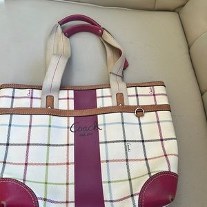Coach handbag cream color with plaid and purple accents